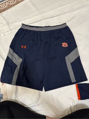 Under Armour Navy Shorts with Gray Panels and Orange Accents